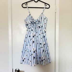 Women’s Floral Prints Tie Front Spaghetti Strap Mini  Swing Dress Blue and White